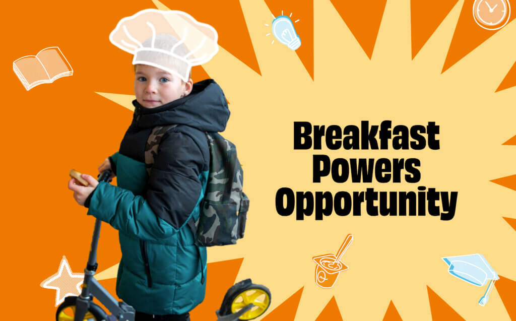 Image of school ages boy with a chefs hat superimposed on top of his head to link the power of breakfast and job opportunities