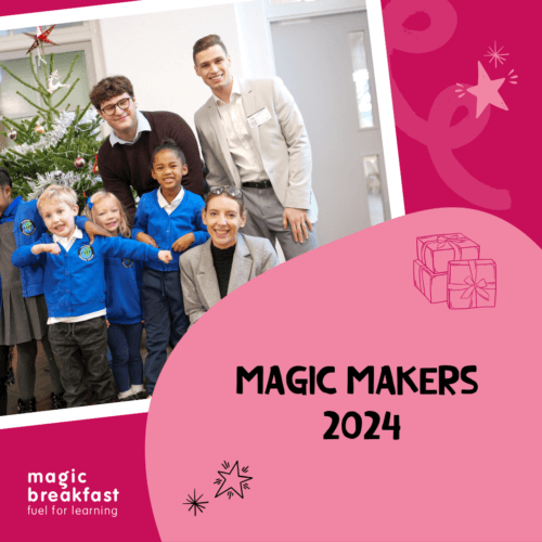 An image which contains corporate partners and children next to a christmas tree with presents. It also contains the text Magic Makers 2024 and Magic Breakfast's logo.