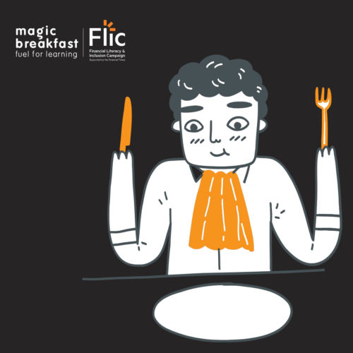 An illustration of a smiling person with short hair, wearing an orange napkin tucked into their shirt and holding a knife and fork in the air, ready to eat, as they look down at their plate.