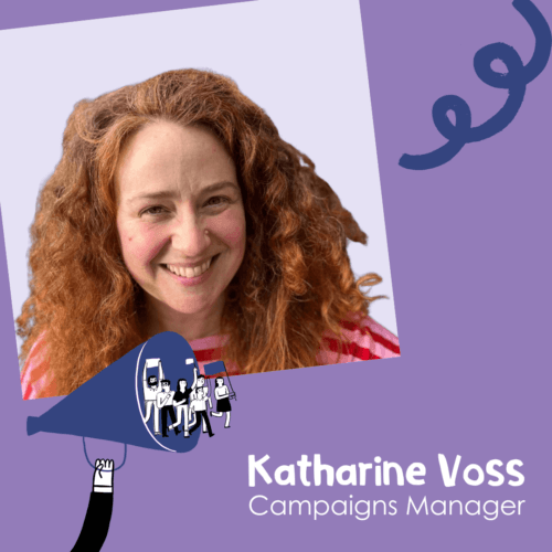 Katharine Voss, Magic Breakfast's Campaigns Manager on purple background tile