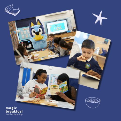 World Book Day tile with three photos showing children at Magic Breakfast partner schools reading and eating breakfast, one with the Bluey mascot.