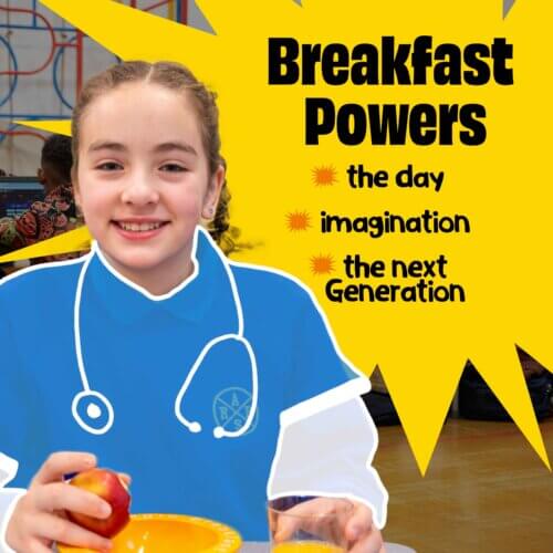 Breakfast Powers Opportunity campaign with a school child with illustrations of their potential career paths